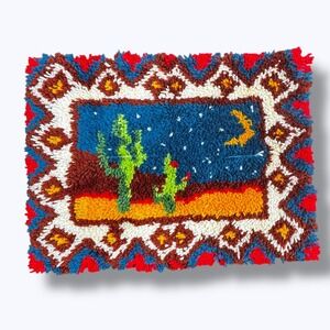 Vintage Handmade Desert Cactus Rug Wall Hanging Tapestry Southwest Folk Art